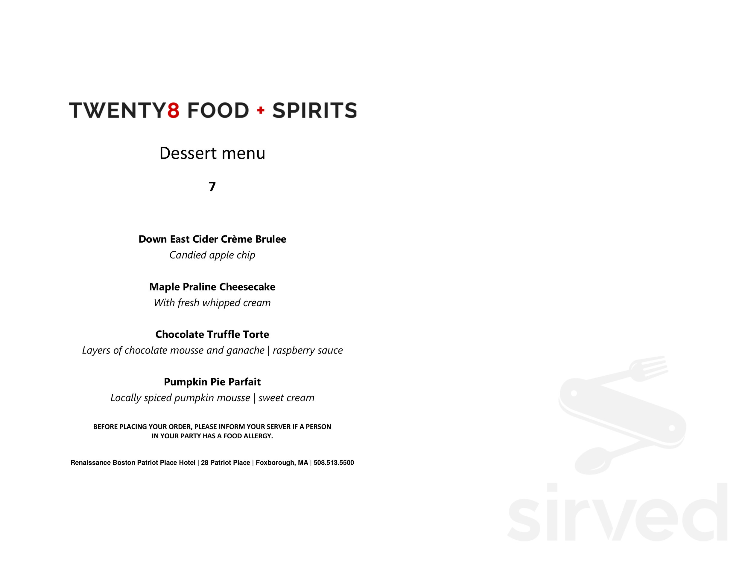 Renaissance Boston Patriot Place Hotel menu in Foxborough