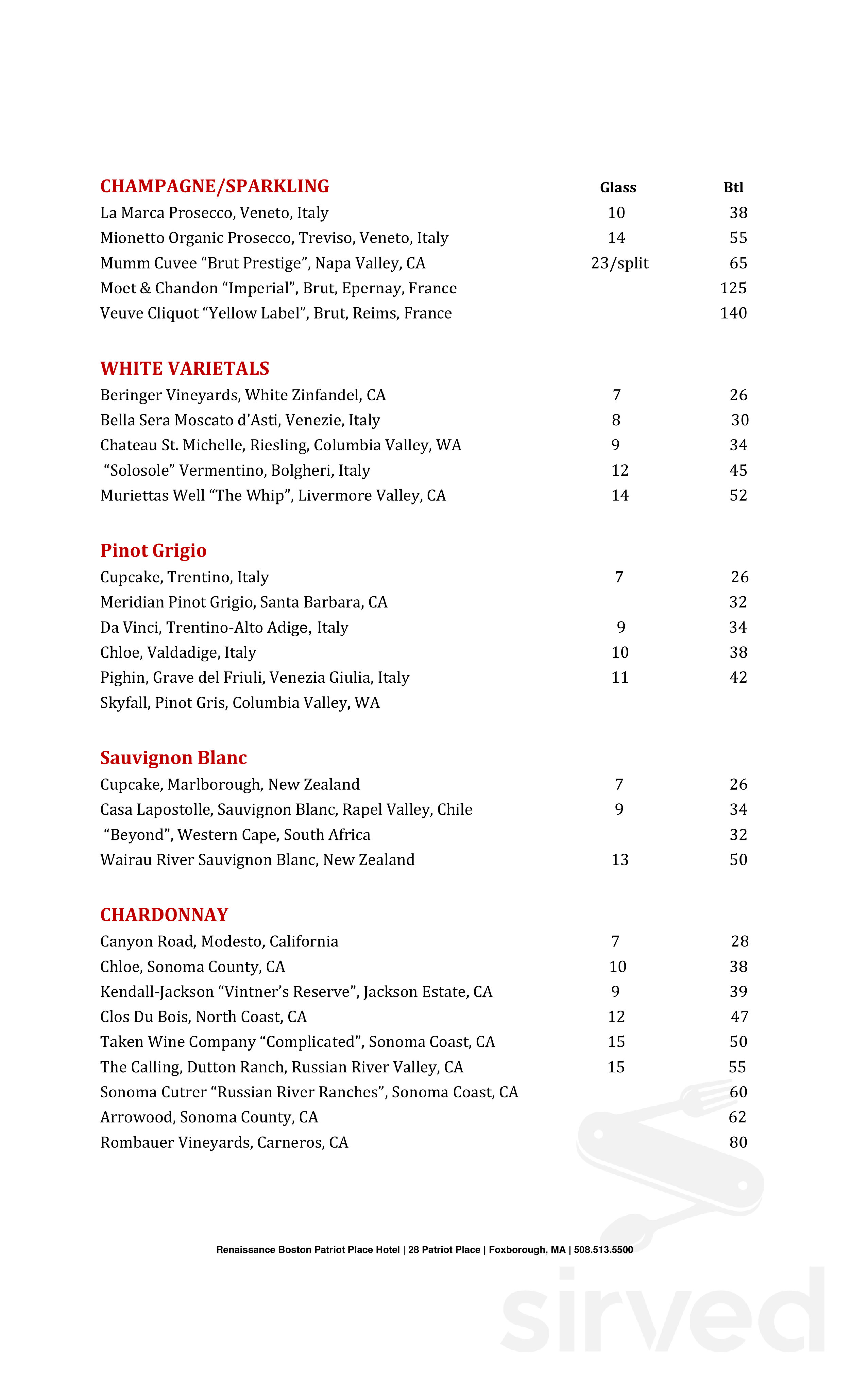 Renaissance Boston Patriot Place Hotel menu in Foxborough