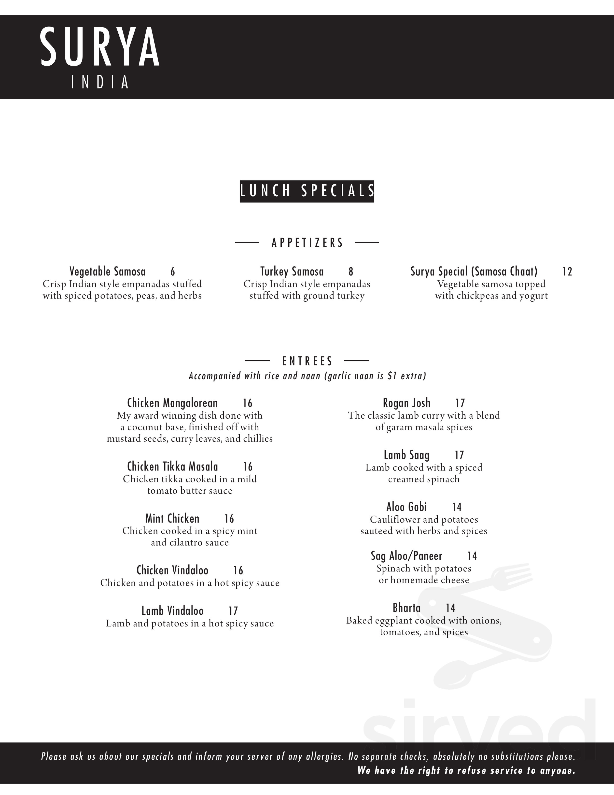 Surya India menu in Houston, Texas, USA