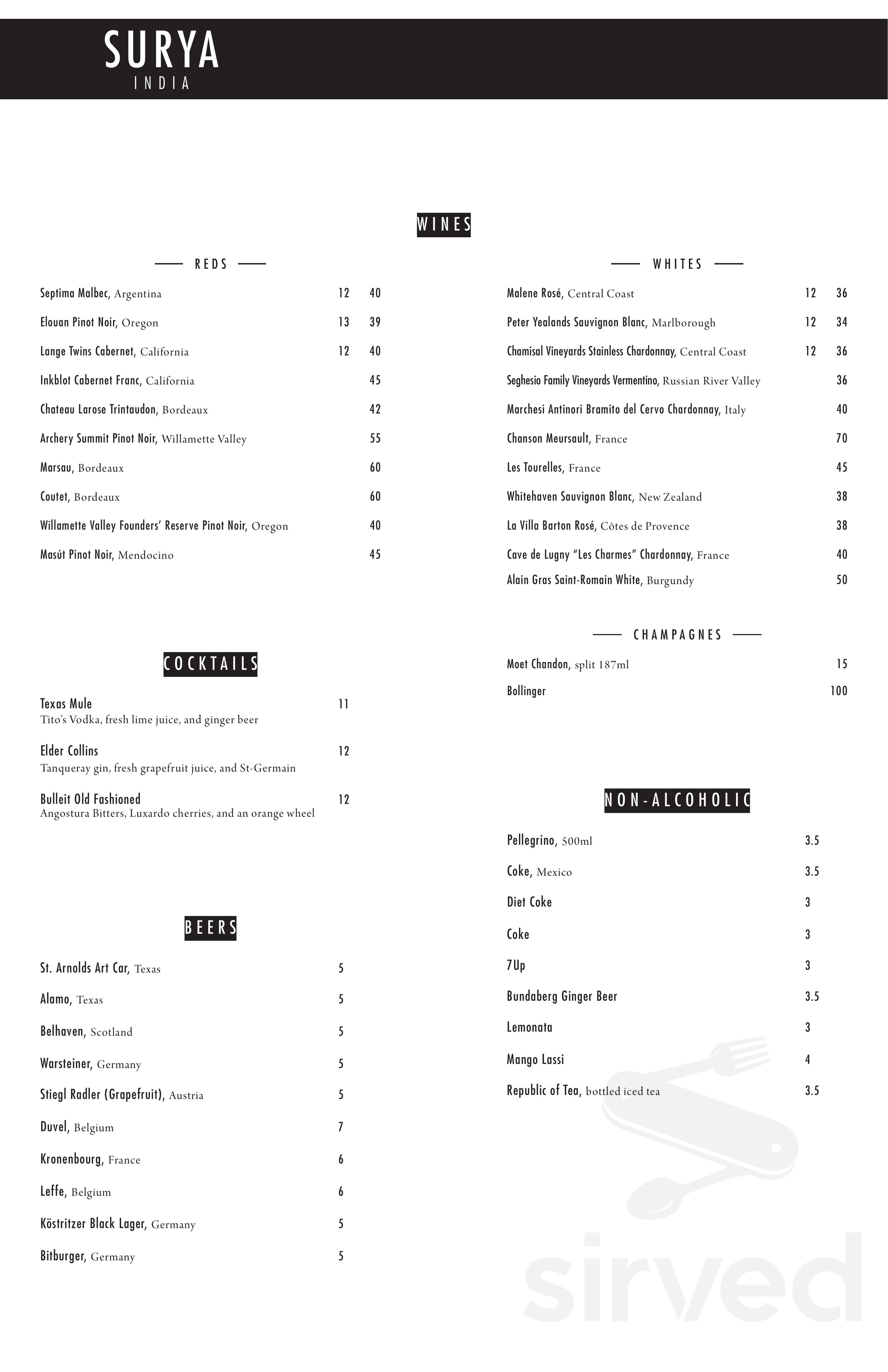 Surya India menu in Houston, Texas, USA