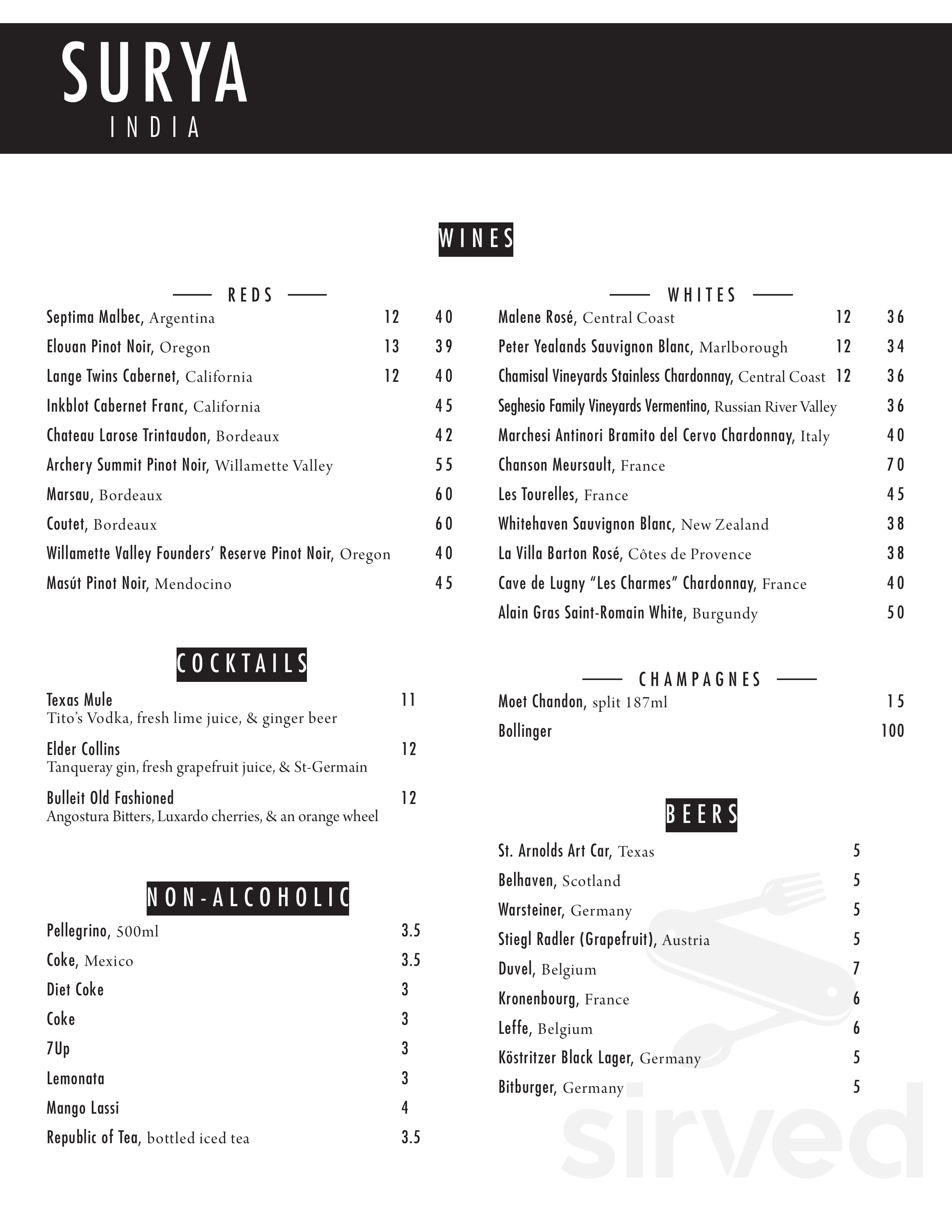 Surya India menu in Houston, Texas, USA