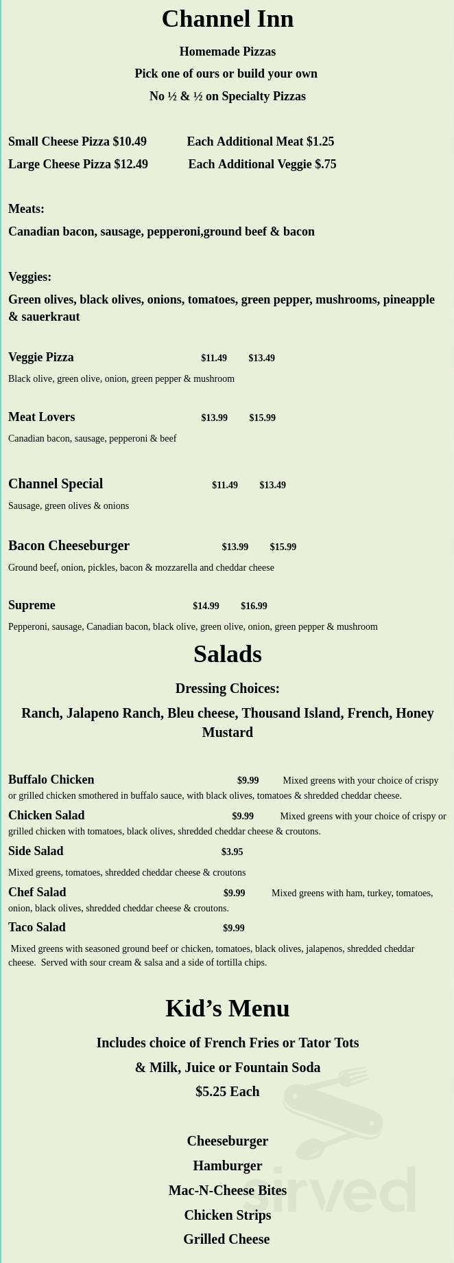 Menu - Warsaw MN's The Channel Inn | Sirved