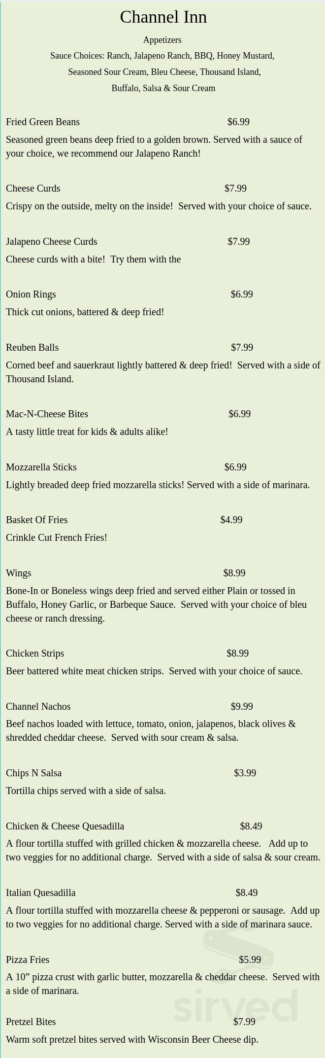 Menu - Warsaw MN's The Channel Inn | Sirved