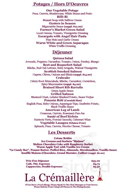 La Cremaillere Menu In Bedford New York Usa