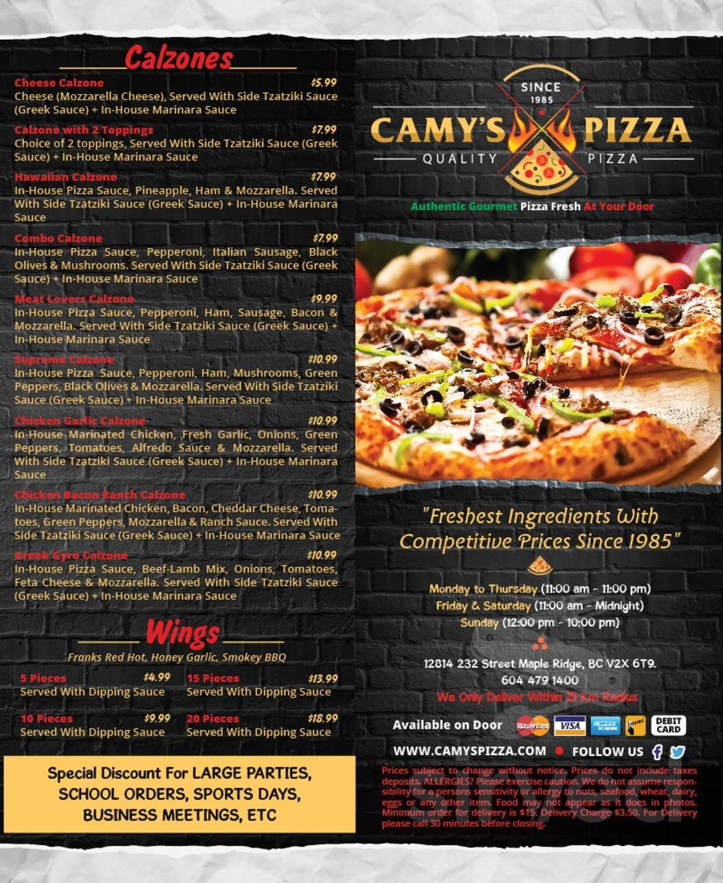 Order CAMYS PIZZA - Maple Ridge, BC Menu Delivery [Menu