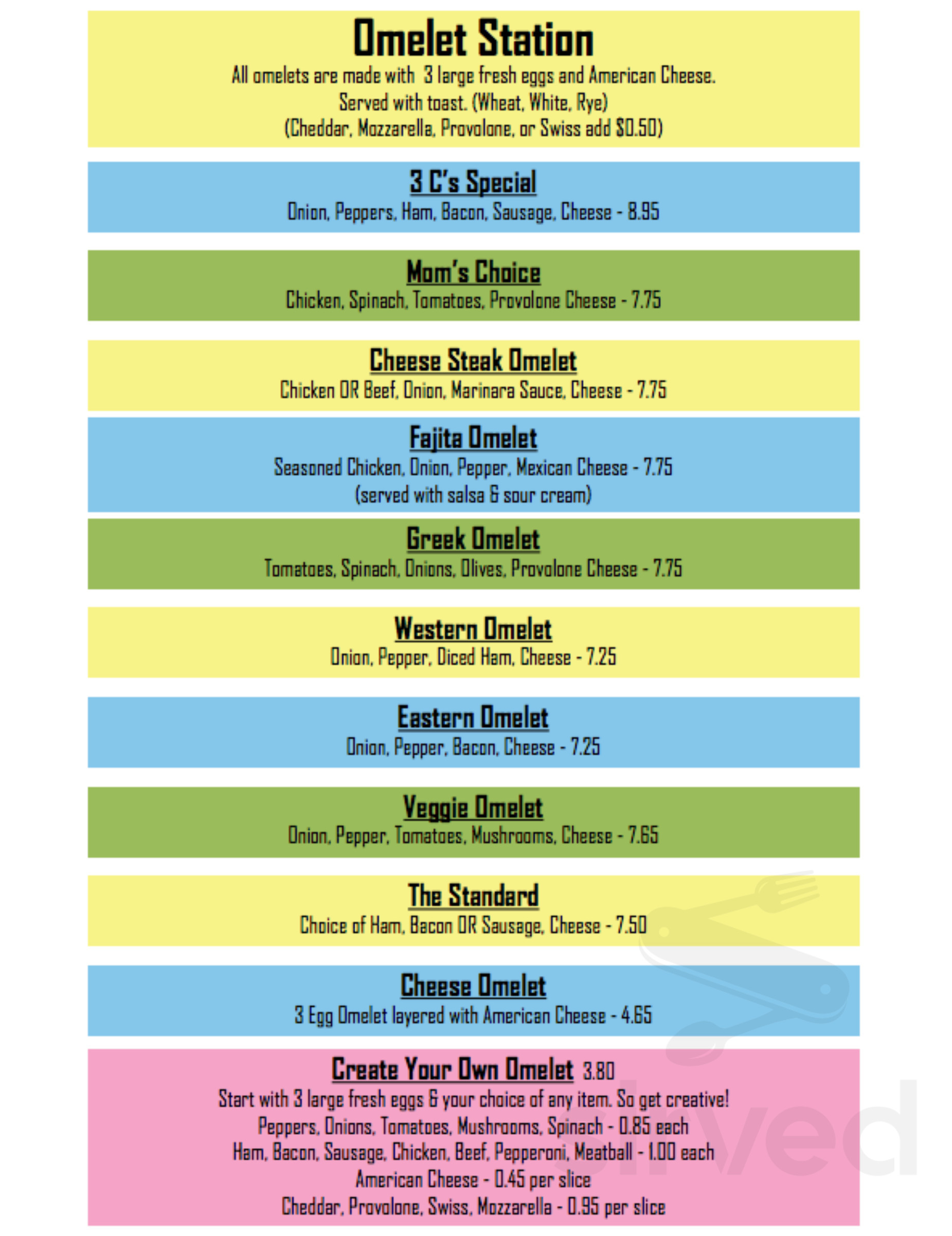 Menu for 3C's Family Restaurant in Orwigsburg, Pennsylvania, United States
