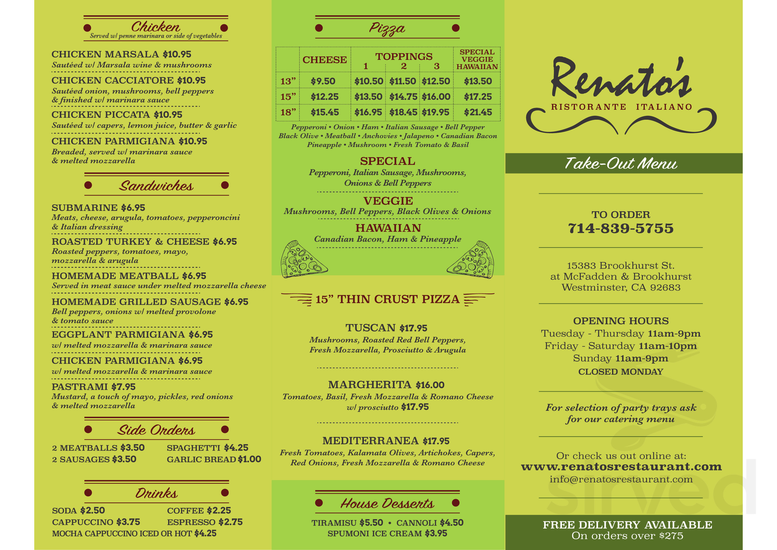 Renato's Restaurant and Catering menu in Westminster, California, USA