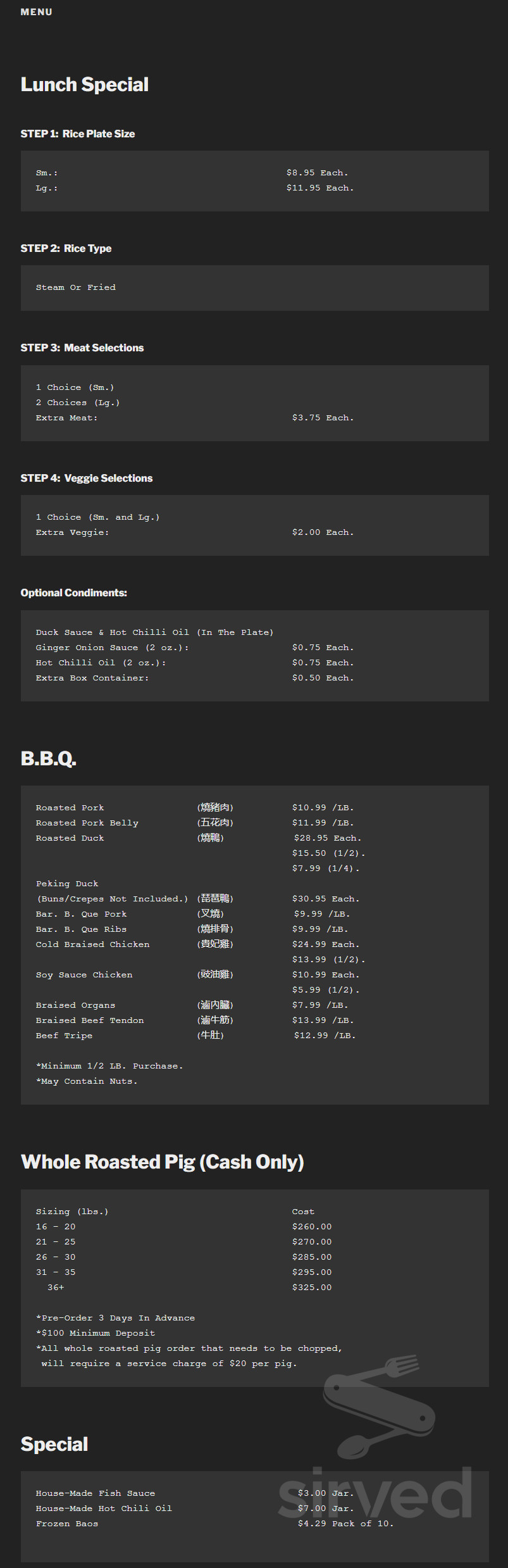 Siu Lap City menu in Houston, Texas, USA