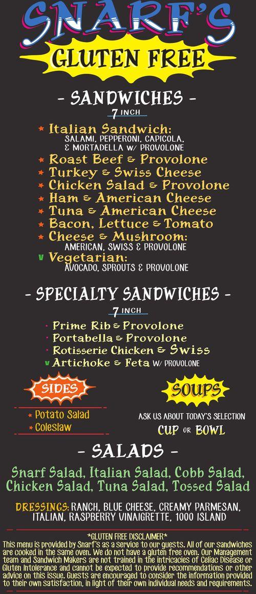 Snarf's Sandwiches menu in Boulder, Colorado, USA