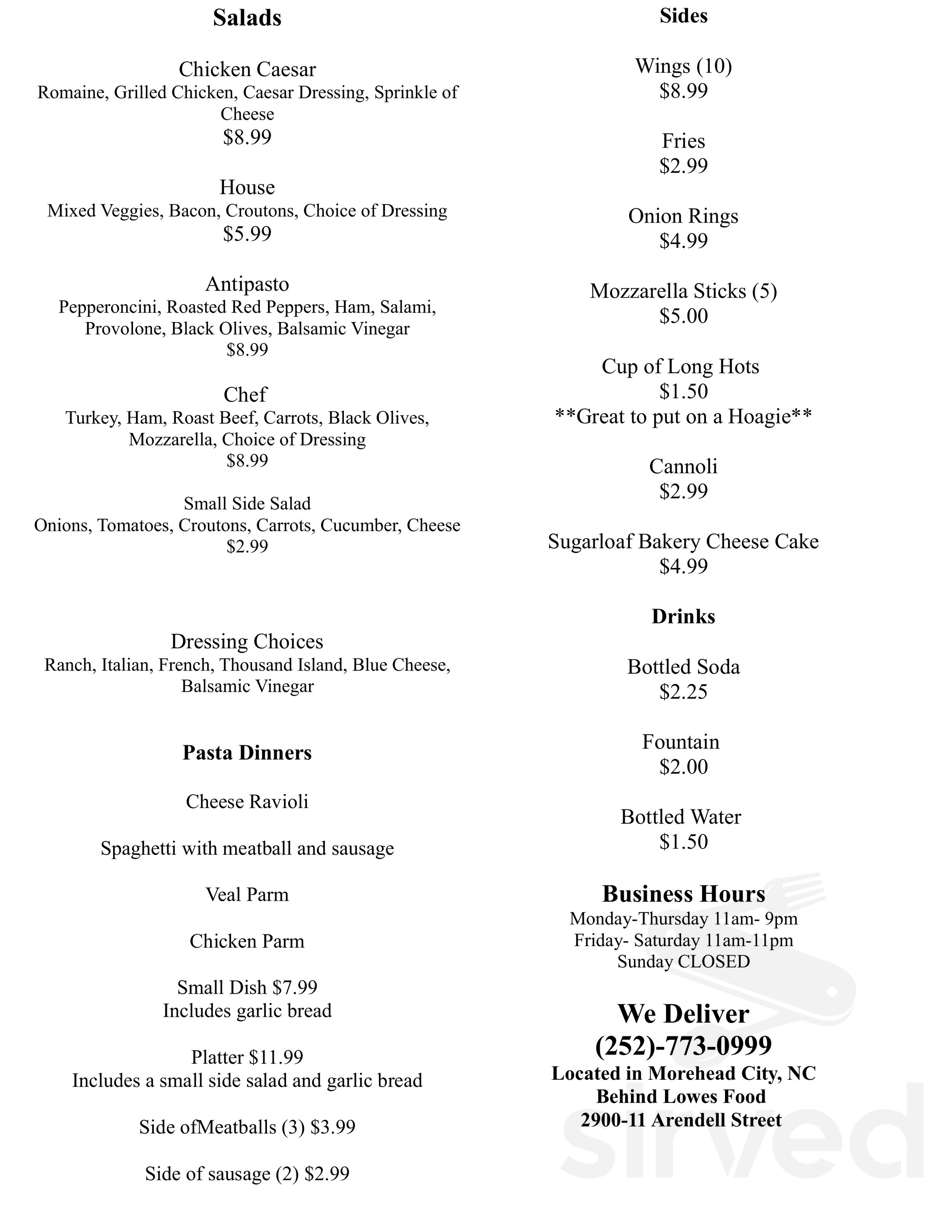 Loretta's pizza menu in Morehead City, North Carolina, USA