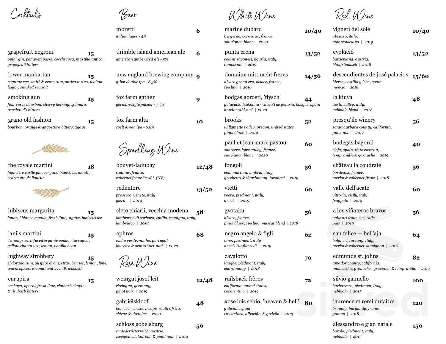 Grano Arso drink menu in Chester, Connecticut