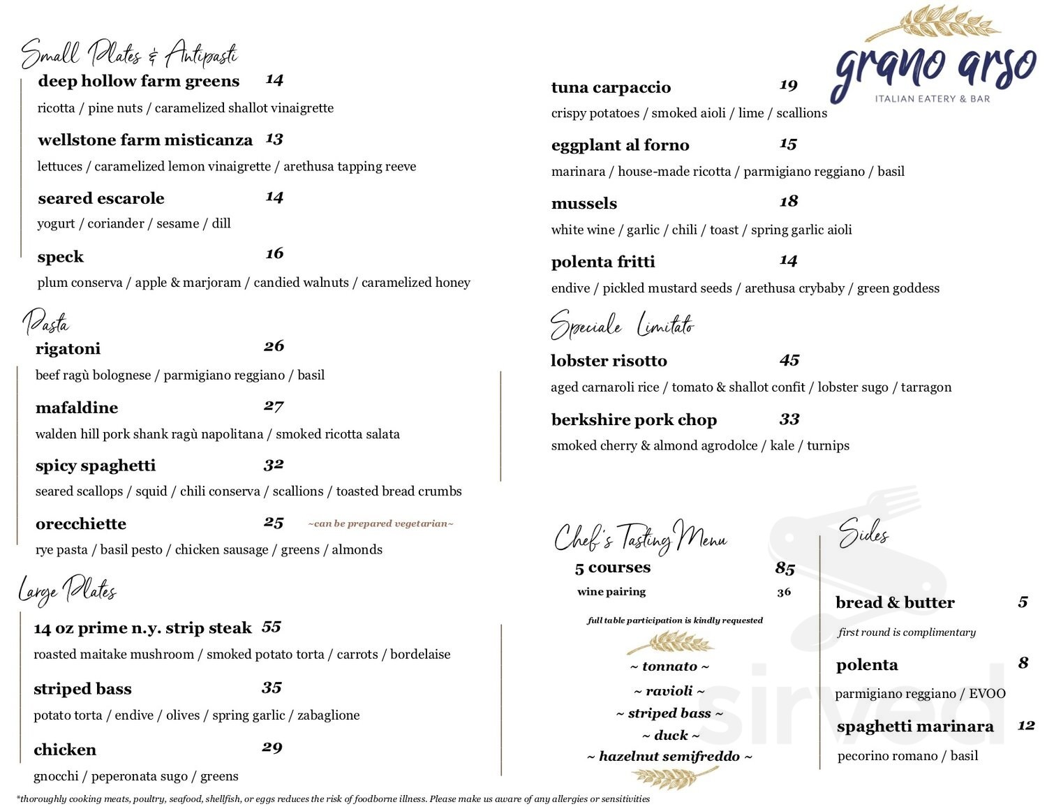 Grano Arso menu in Chester, Connecticut