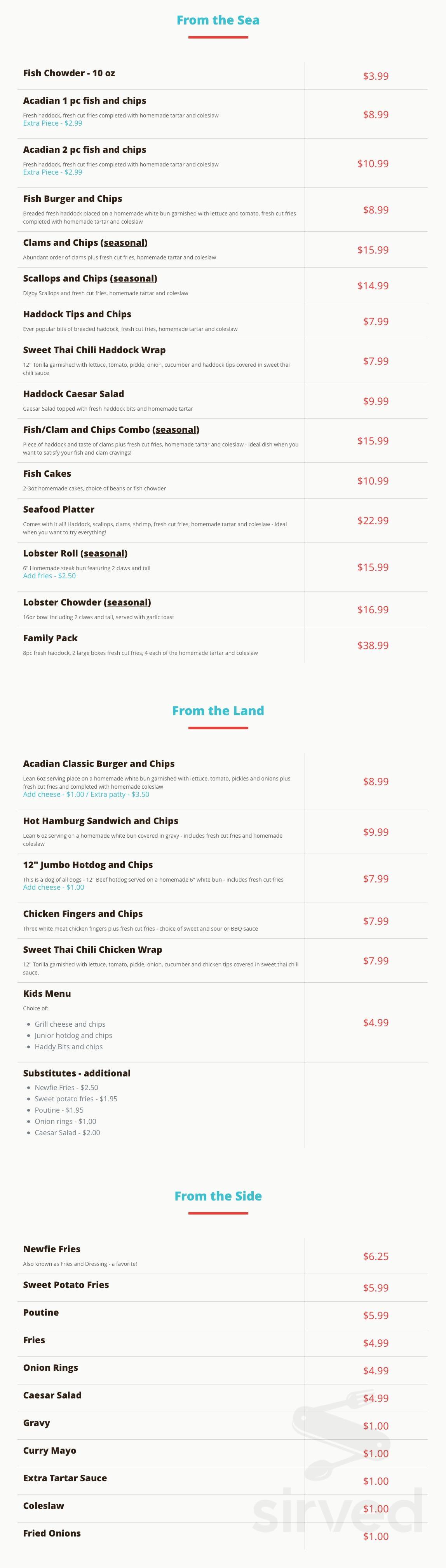 Acadian Fish and Chips & Enzo Pizzeria - Hammonds Plains menu in Hammonds Plains, Nova Scotia