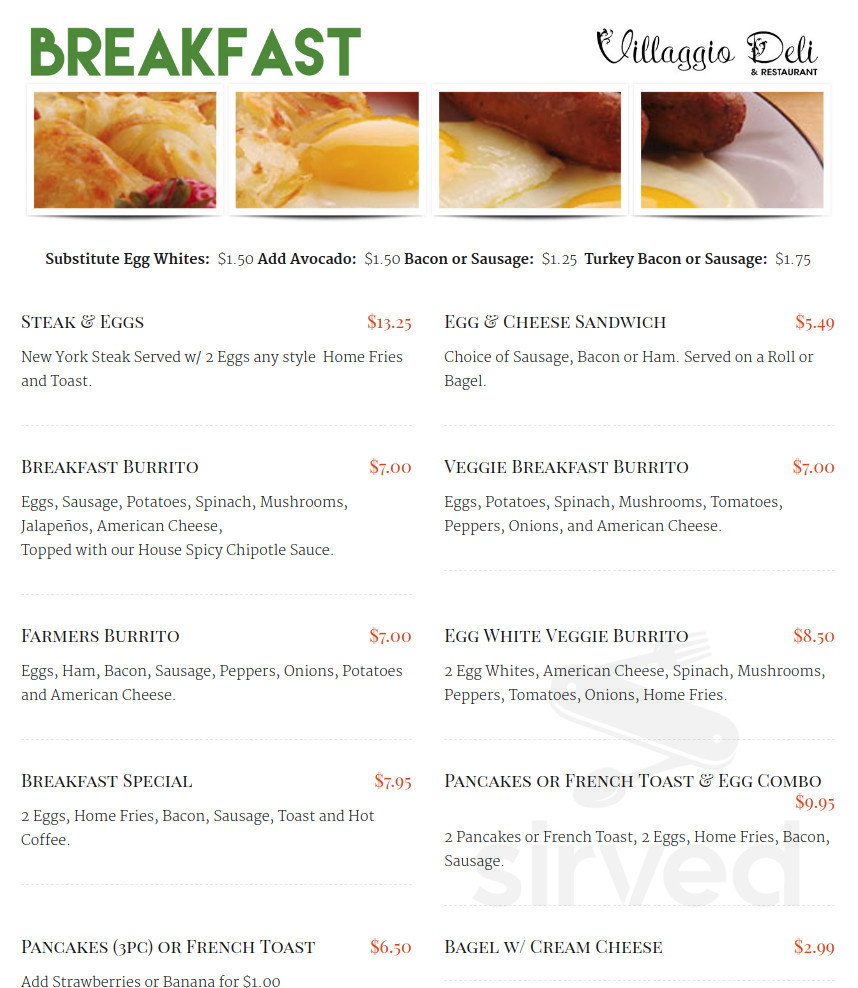 Villaggio Deli & Restaurant breakfast menu in Van Nuys, California