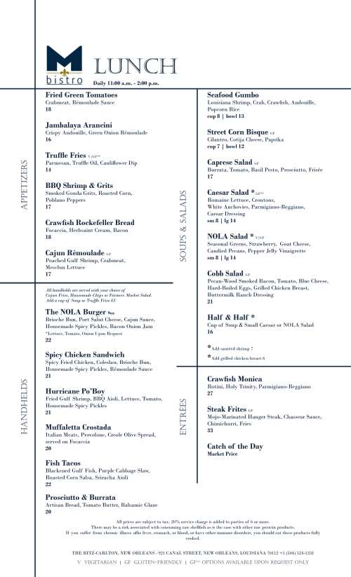 M bistro Restaurant menu in New Orleans, Louisiana, USA