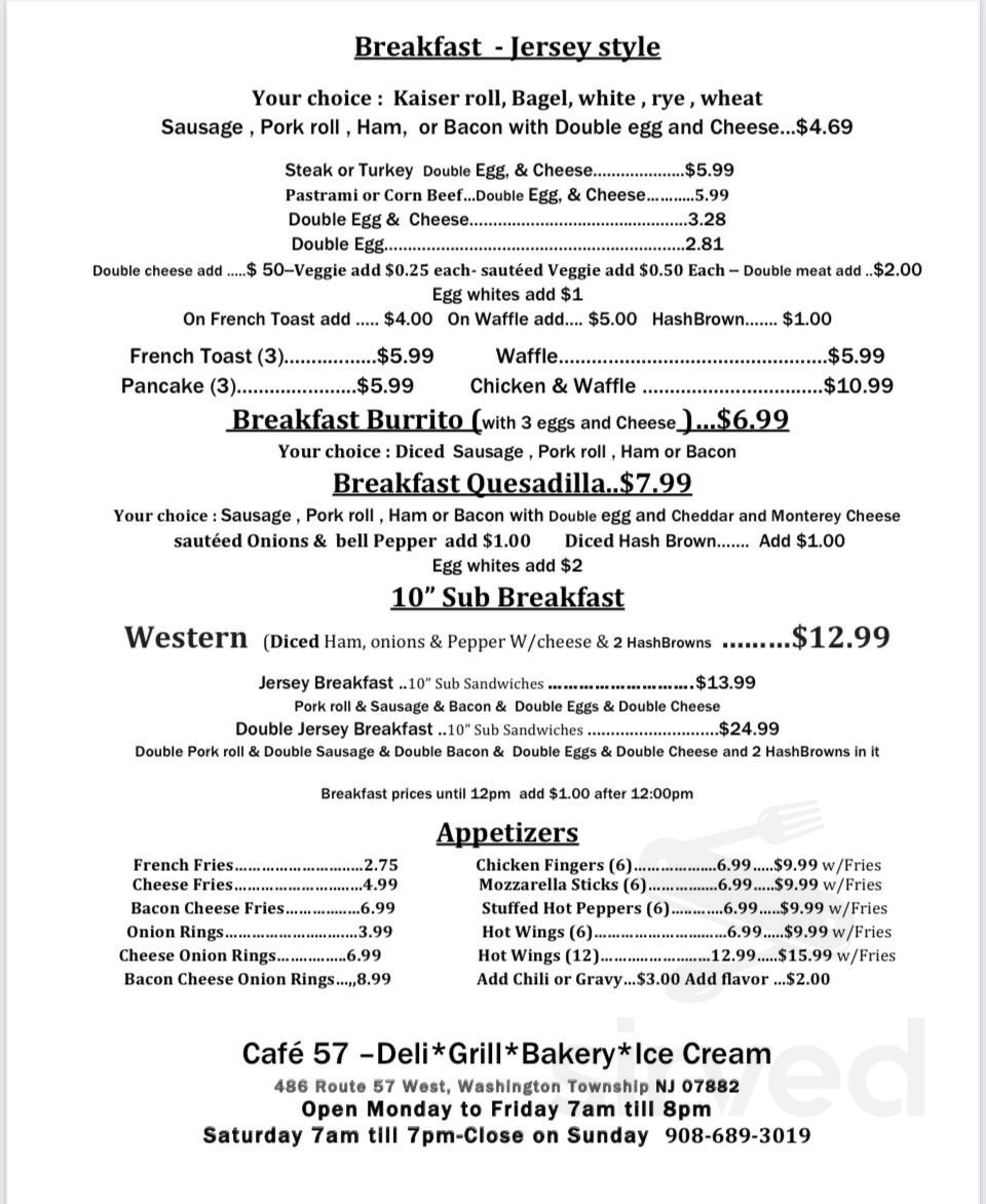 Cafe 57 menus in Washington, New Jersey, United States