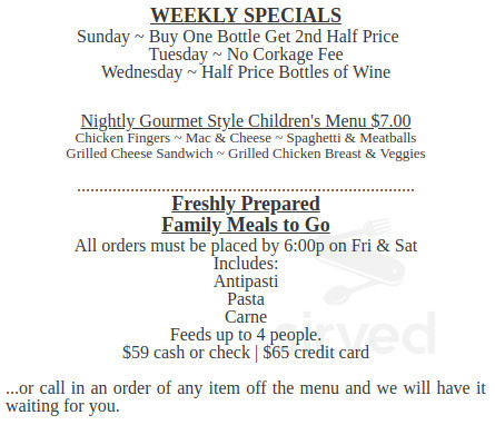 Rosina's Italian Restaurant specials menu in San Diego, California