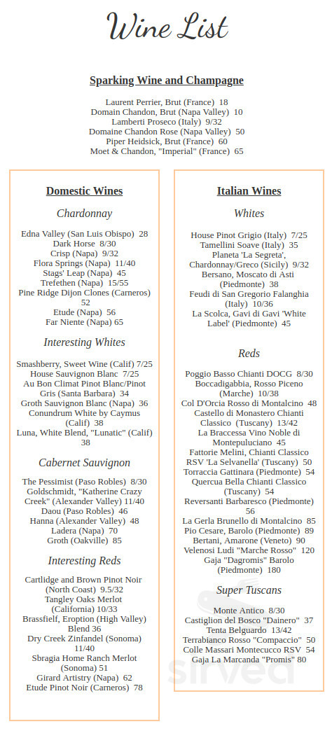 Rosina's Italian Restaurant menu in San Diego, California