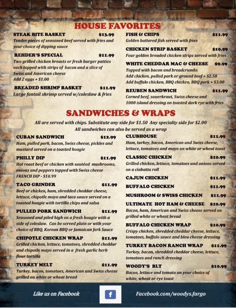 Woody's Bar and Grill menu in Fargo, North Dakota, USA