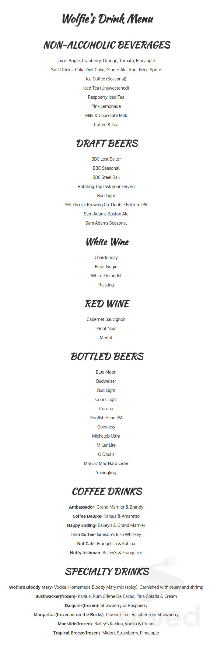 Wolfie's Restaurant menu in South Deerfield, Massachusetts, USA