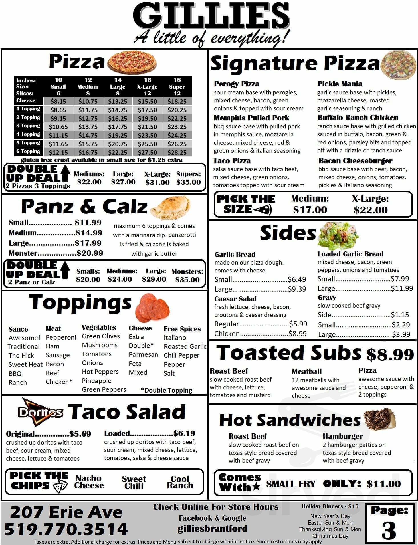 Gillies menus in Brantford, Ontario, Canada