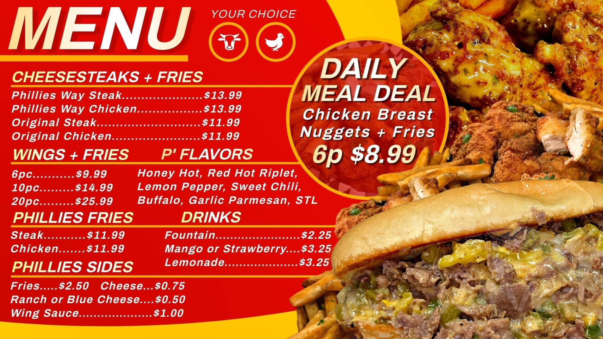 Menu - University City MO's Phillies Cheesesteaks + Wings | Sirved