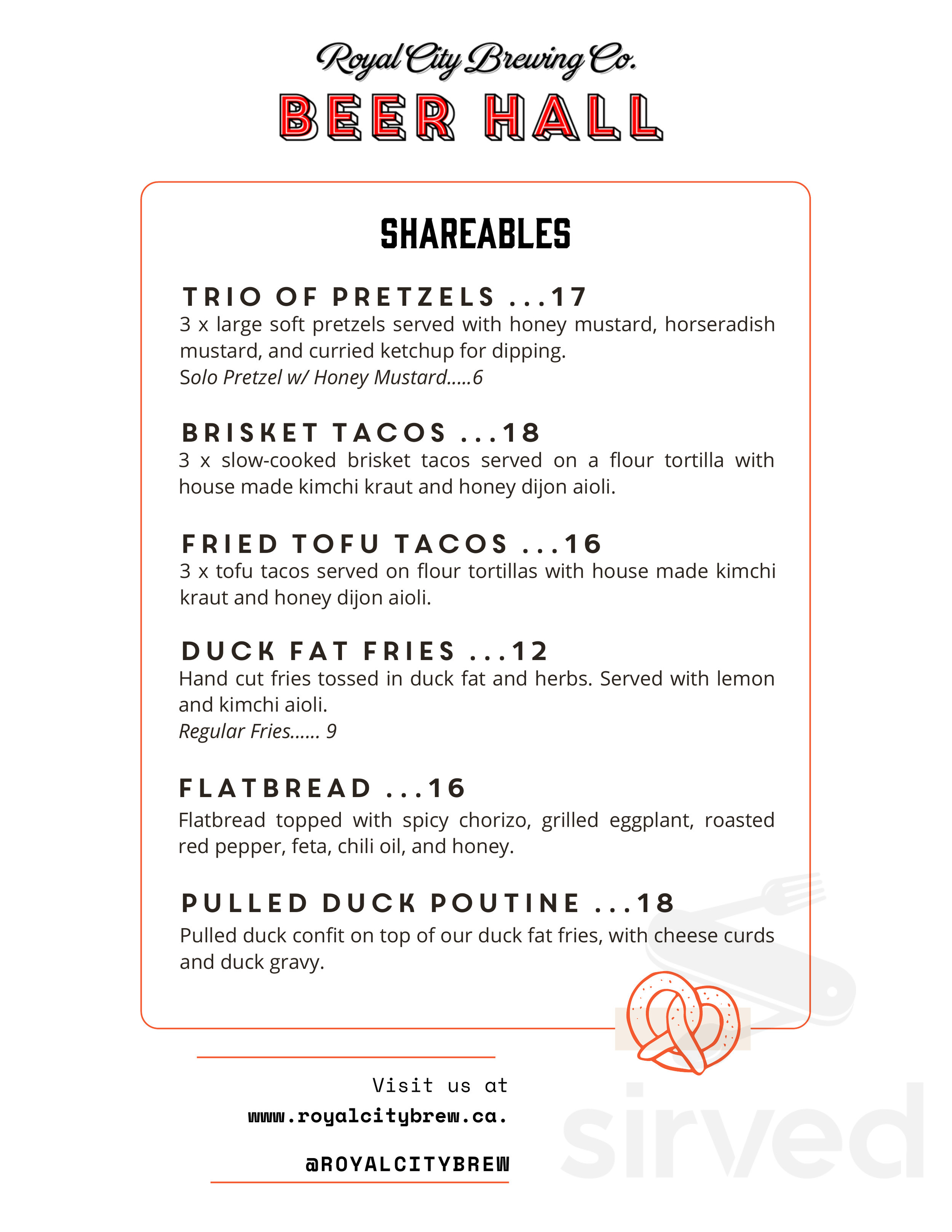 Royal City Brewing Company menu in Guelph, Ontario, Canada