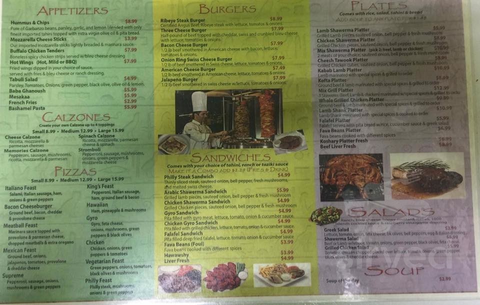 Menu for Memories Cafe Hookah lounge in Nashville, Tennessee, United States