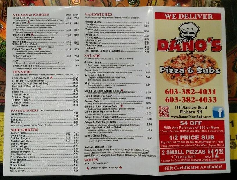 Danos Pizza & Subs menus in Plaistow, New Hampshire, United States