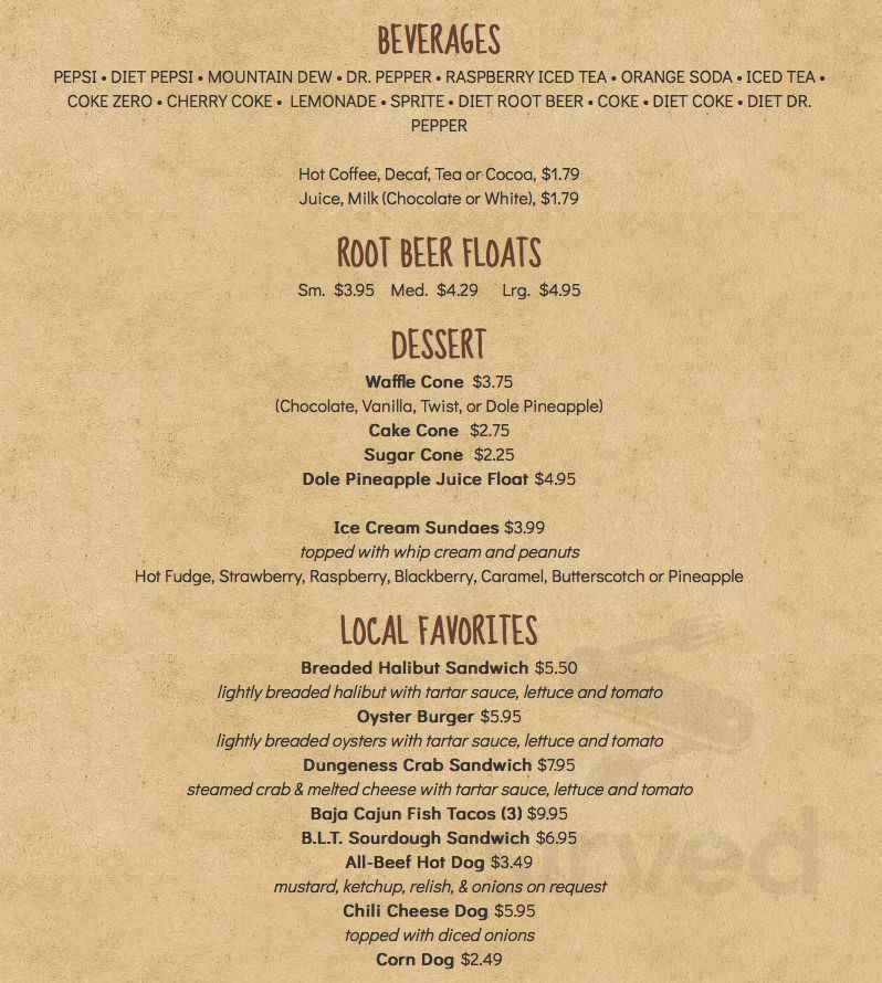 Fidalgo Drive-In menu in Anacortes, Washington