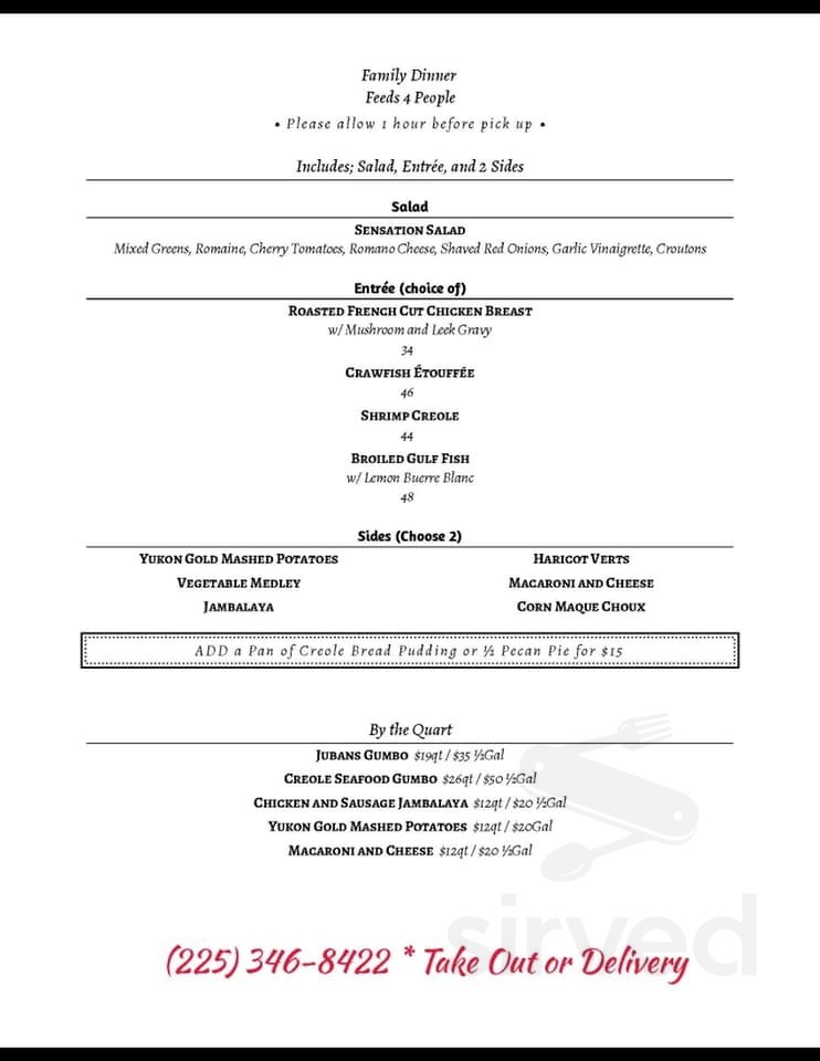 Jubans Restaurant & Bar menu in Baton Rouge, Louisiana, USA
