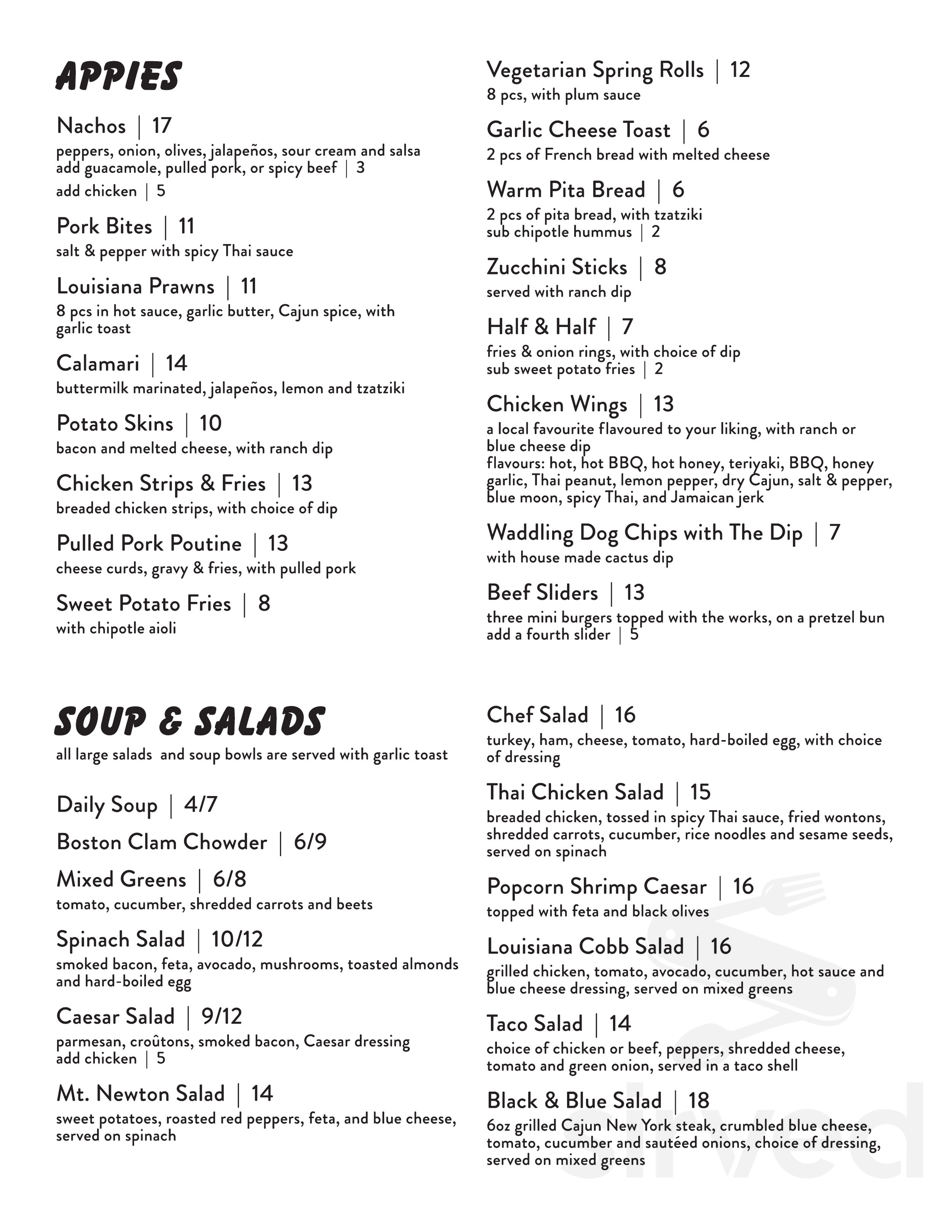 Waddling Dog Pub menu in Saanichton, British Columbia