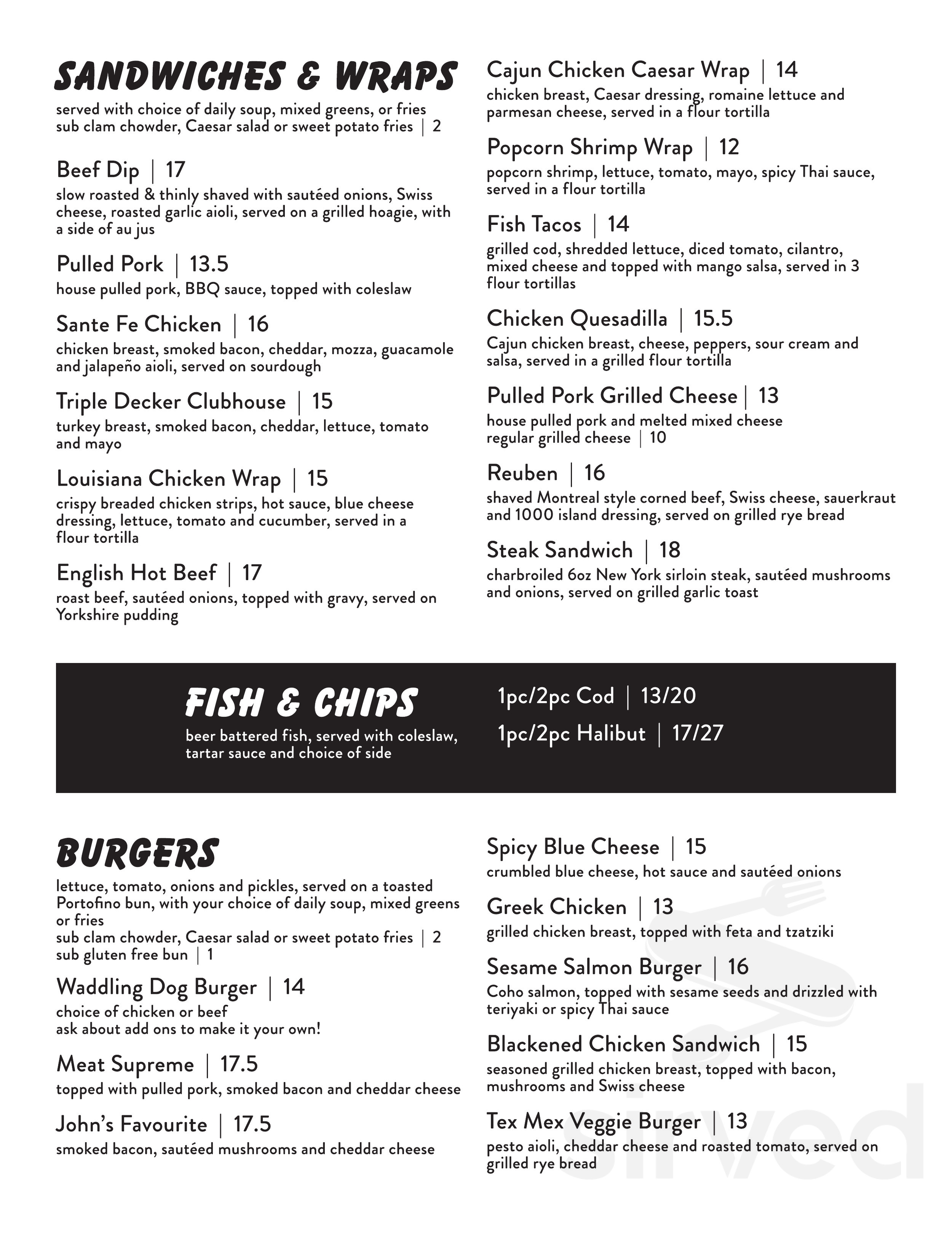Waddling Dog Pub menu in Saanichton, British Columbia