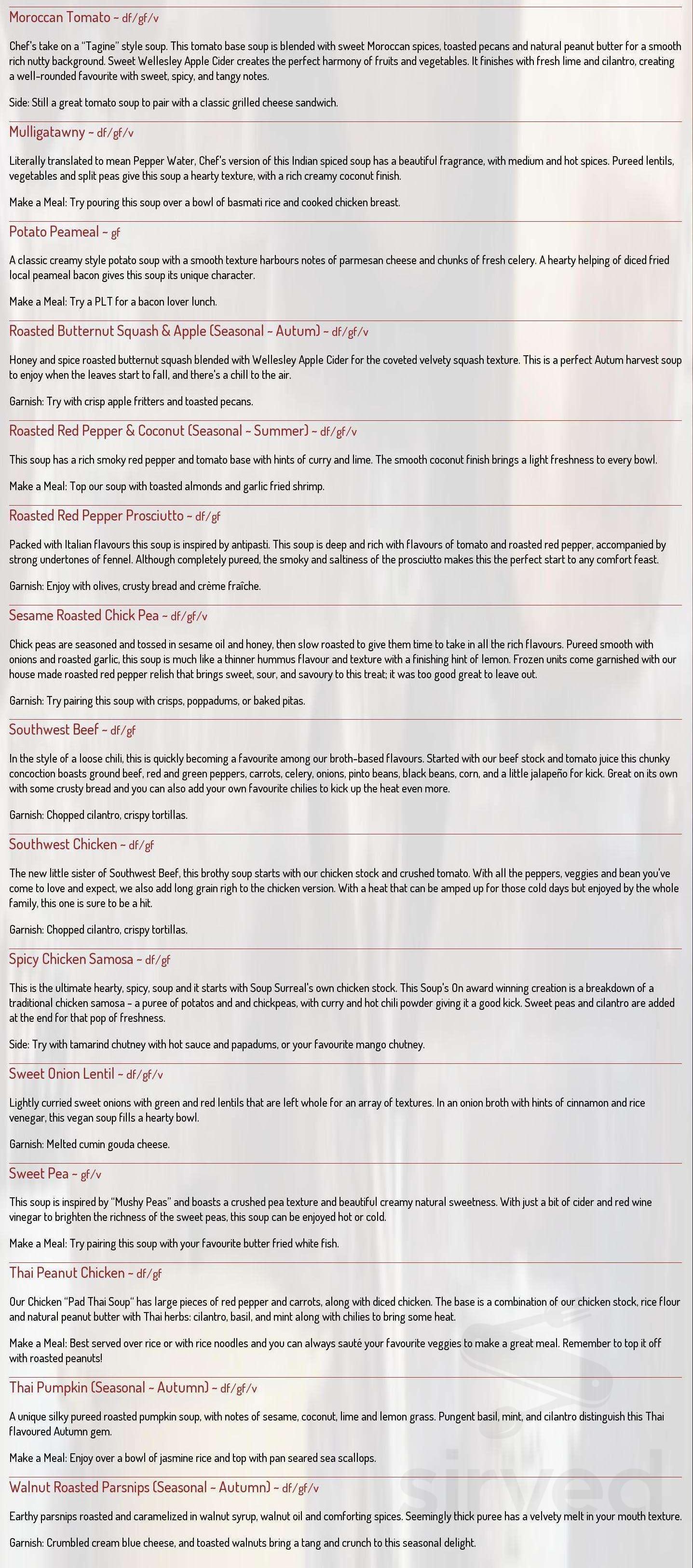 Soup Surreal menu in Stratford, Ontario