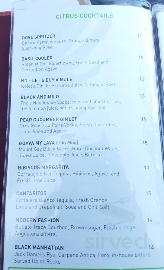 Citrus Fresh Grill drink menu in Aliso Viejo, California