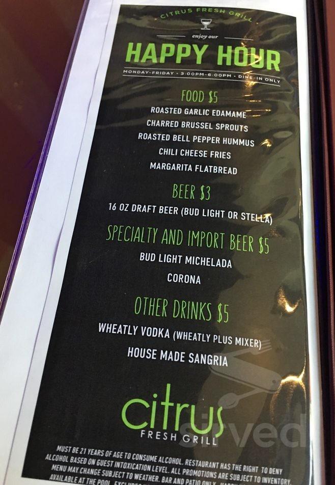 Citrus Fresh Grill happy hour menu in Aliso Viejo, California
