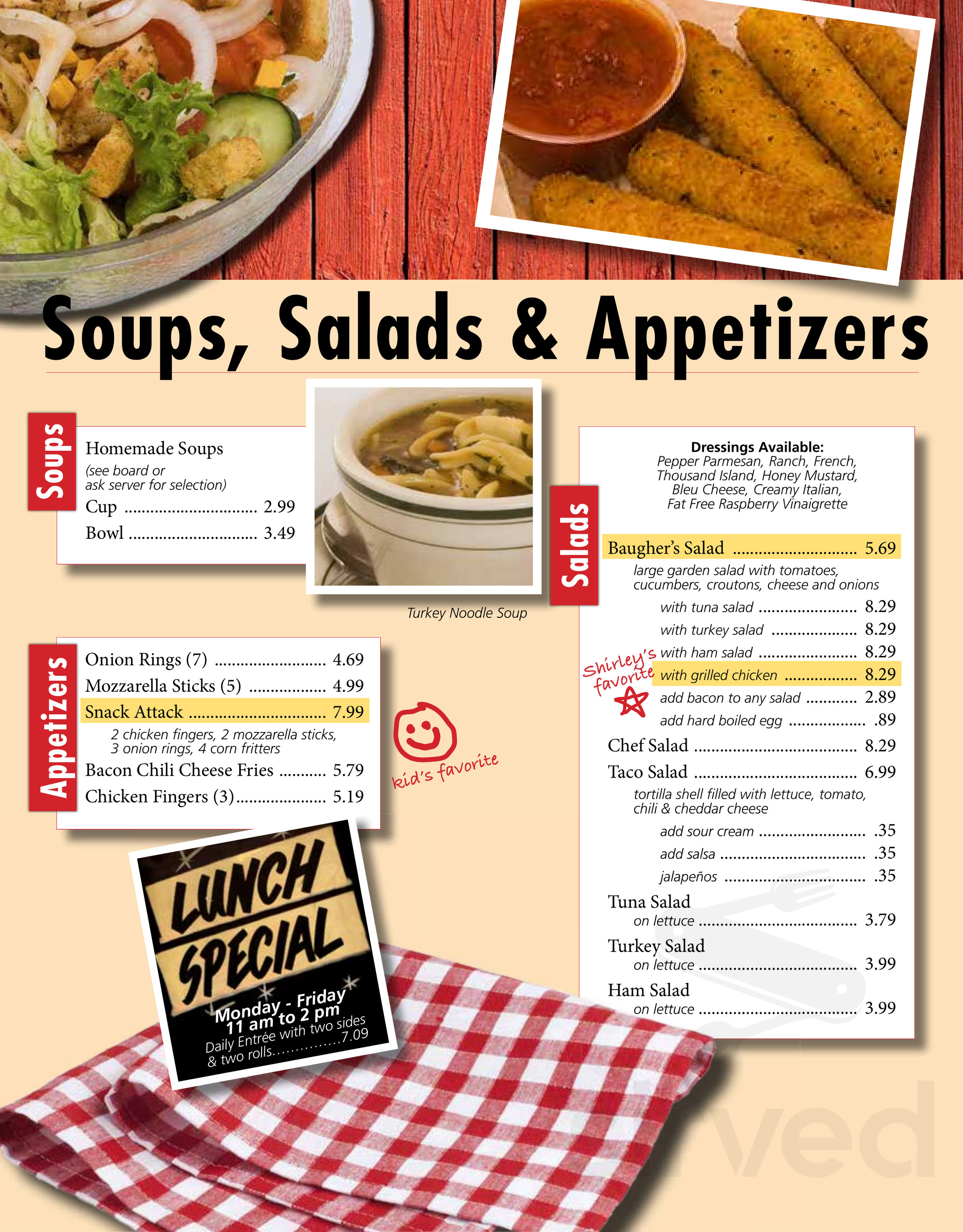 Baugher's Restaurant menu in Westminster, Maryland, USA