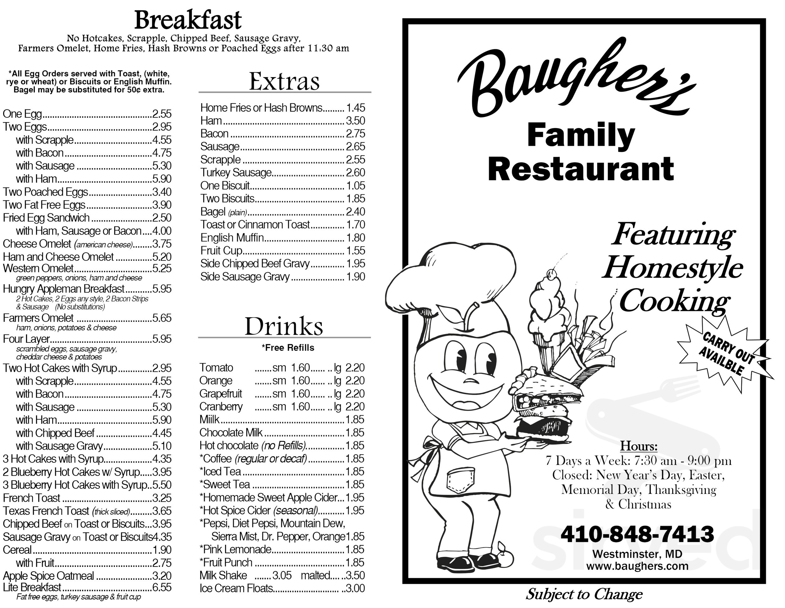 Baugher's Restaurant menus in Westminster, Maryland, United States