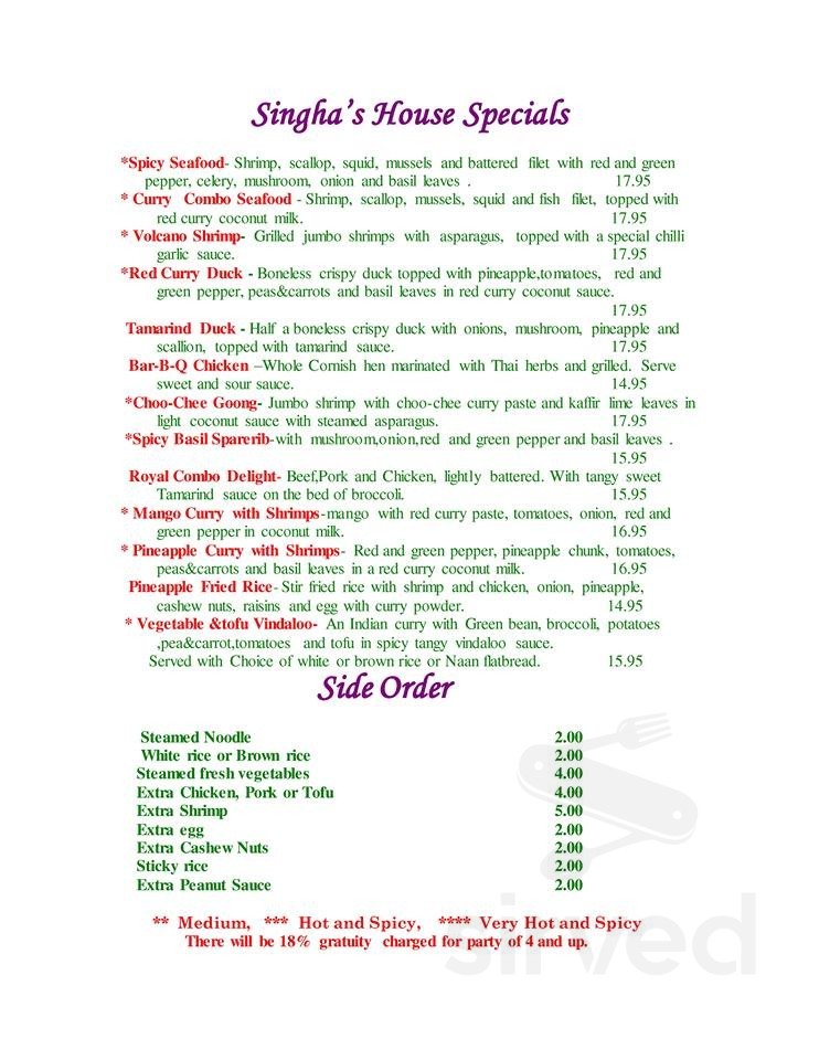 Singha Thai Cuisine menu in Moab, Utah, USA