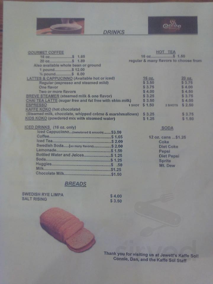 Kaffe Sol menu in Mt Jewett, Pennsylvania, USA