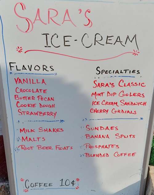 Sara's Ice Cream menu in Ste. Genevieve, Missouri, USA