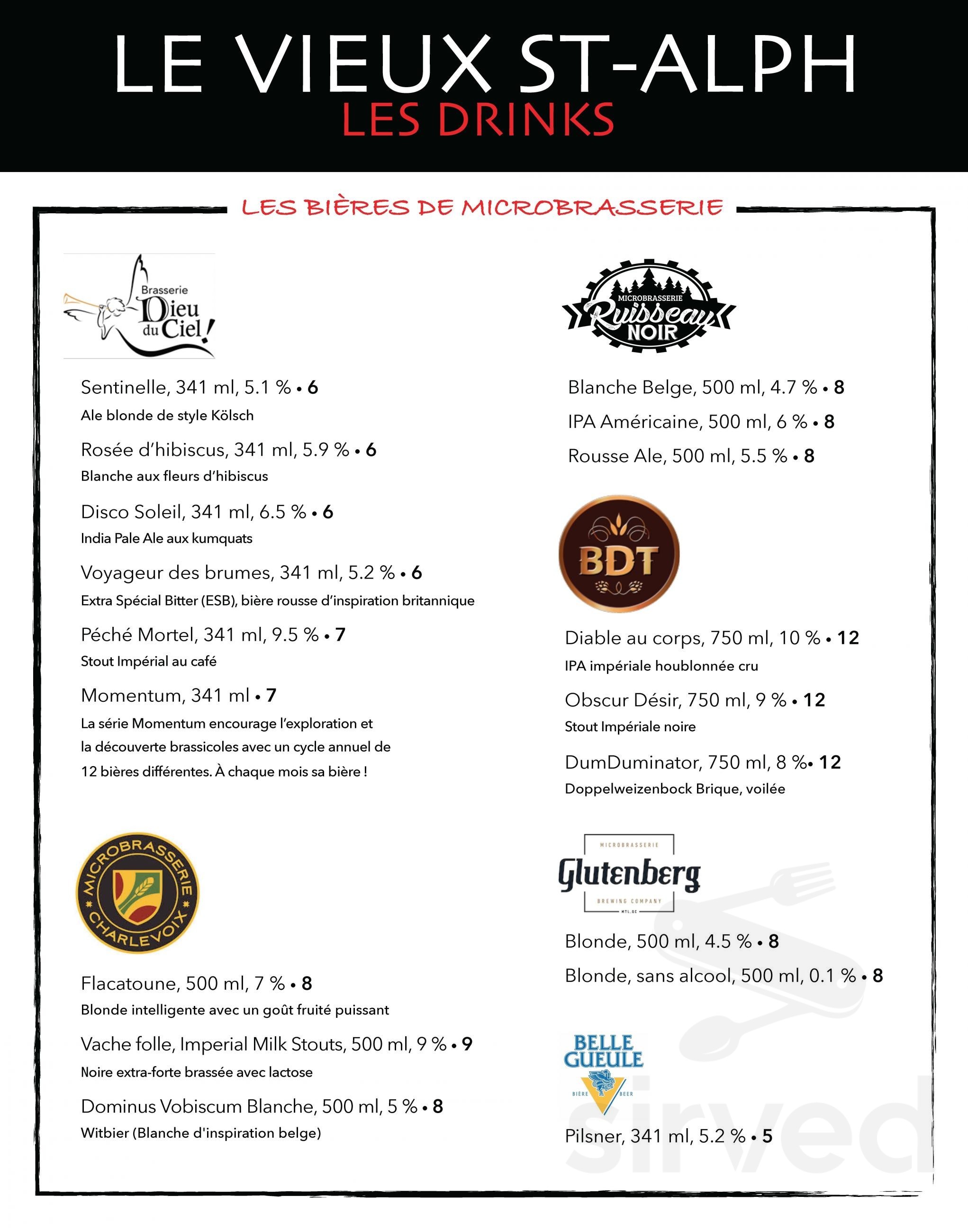 Resto Le Vieux StAlph menu in SaintAlphonseRodriguez, Quebec, Canada