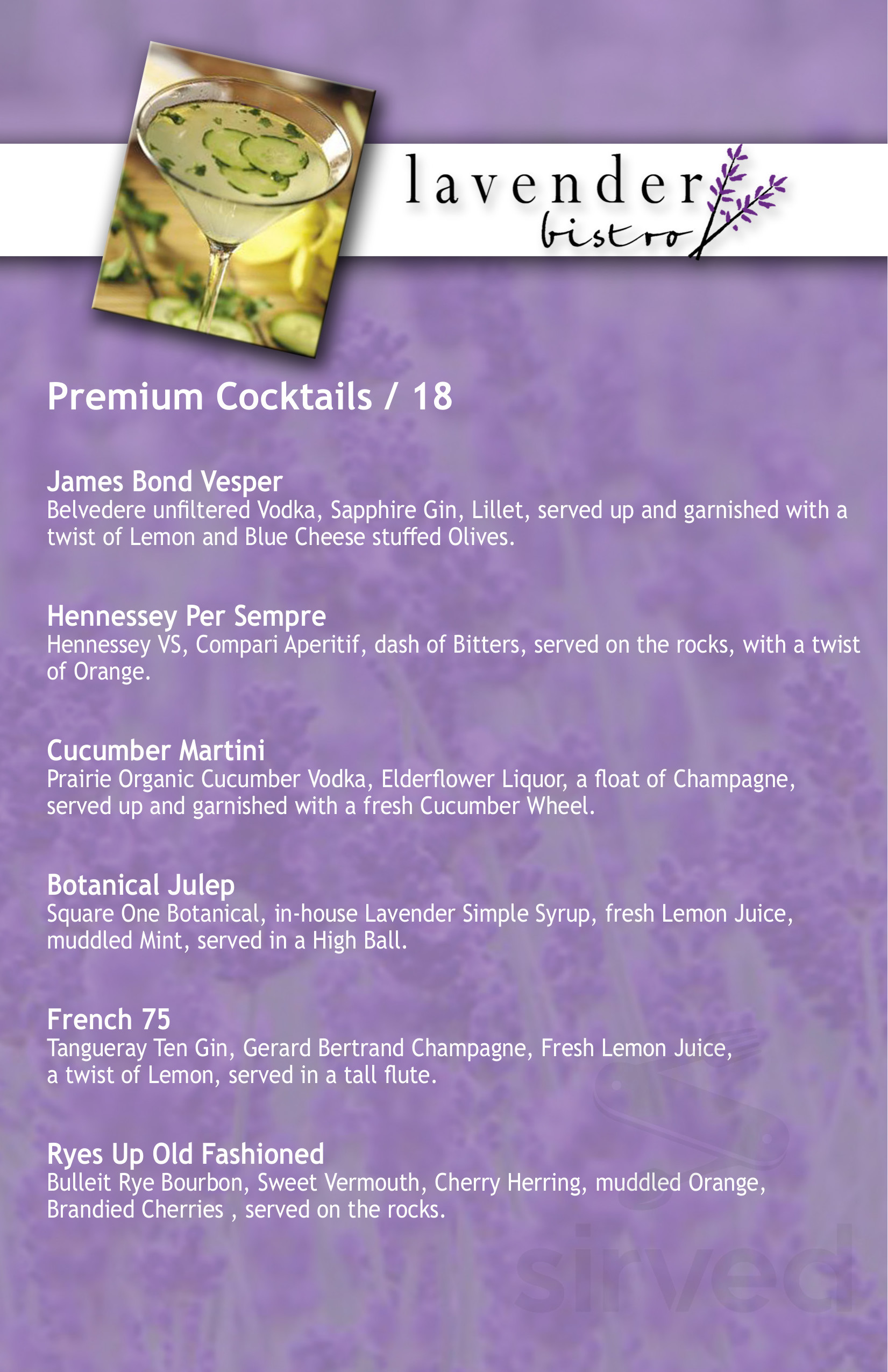 Lavender Bistro Menu - La Quinta, California | Sirved