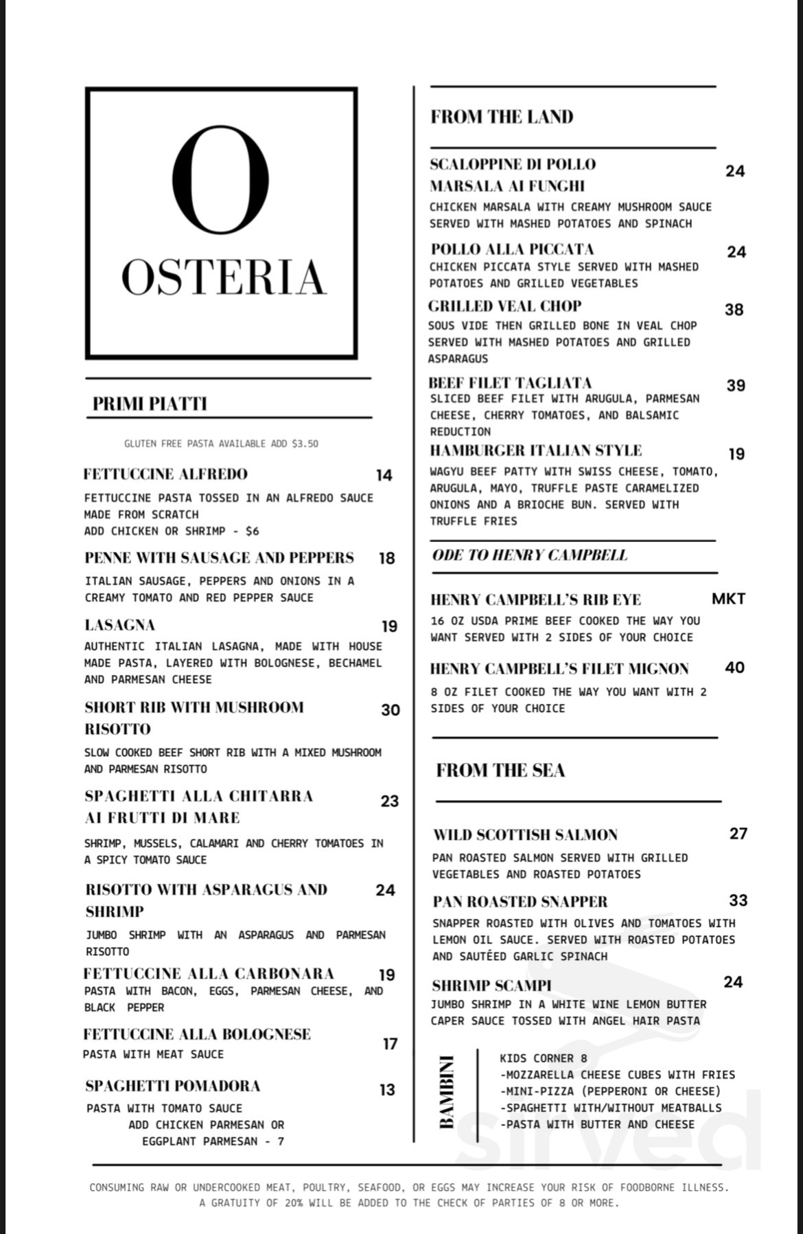 Osteria Italian Restaurant menu in Albany, Georgia, USA