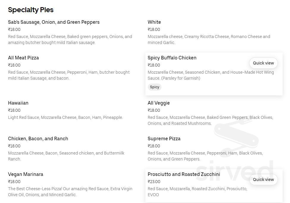 Sabatinos Authentic New York City Pizza menu in Charleston, South