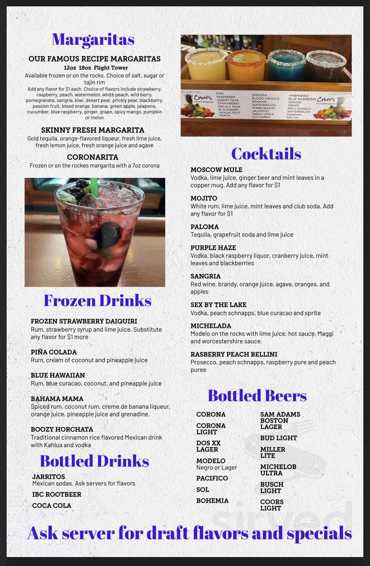 Chuy's Tacos and Margaritas menu in Ashland, Ohio, USA