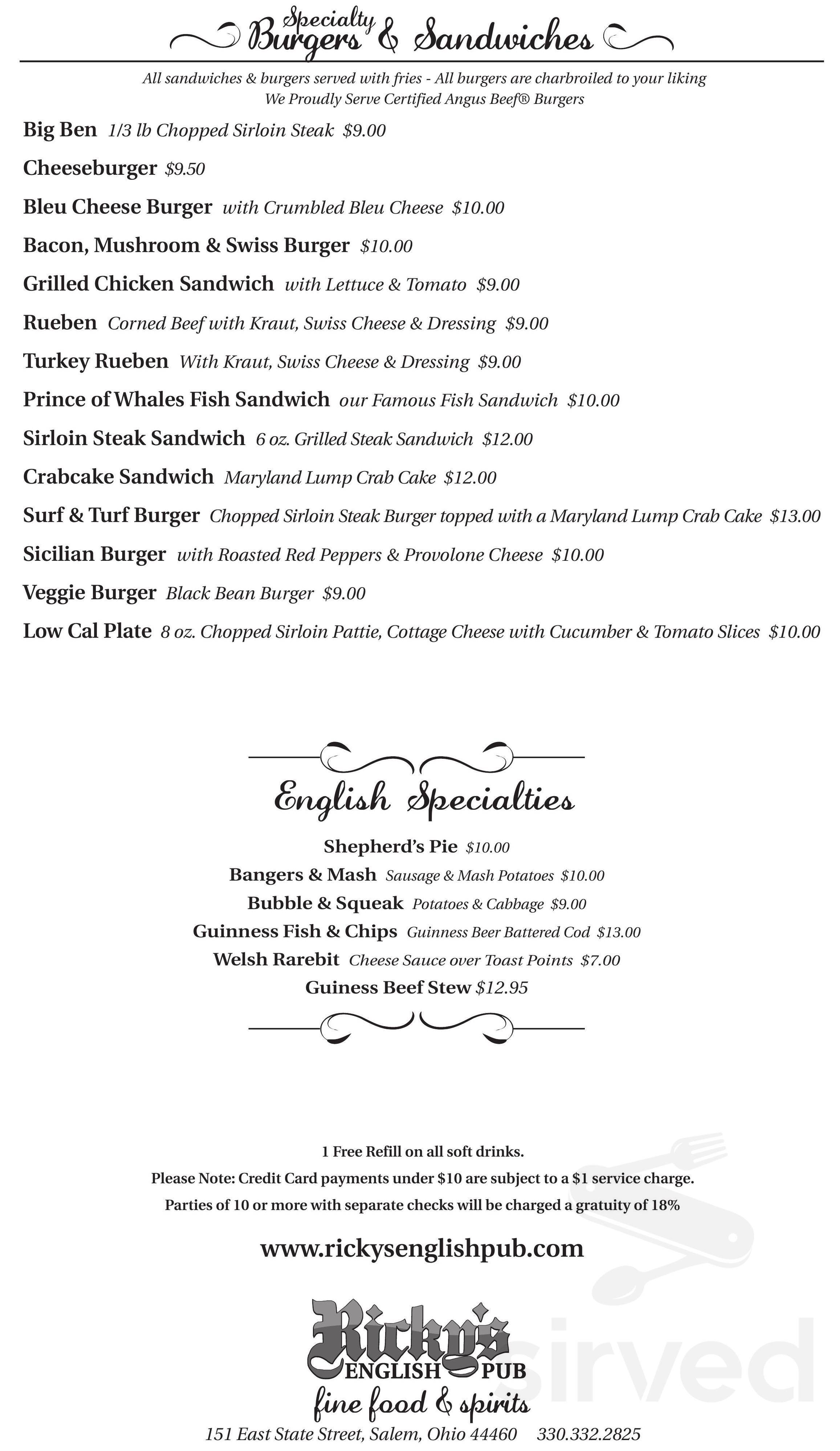 Ricky's English Pub menu in Salem, Ohio, USA