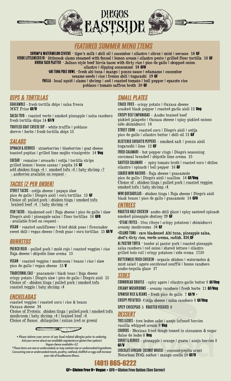 Diego's East Side menu in Providence, Rhode Island, USA