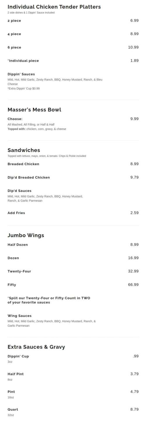 Masser's Chicken Shack menu in Paxinos, Pennsylvania, USA