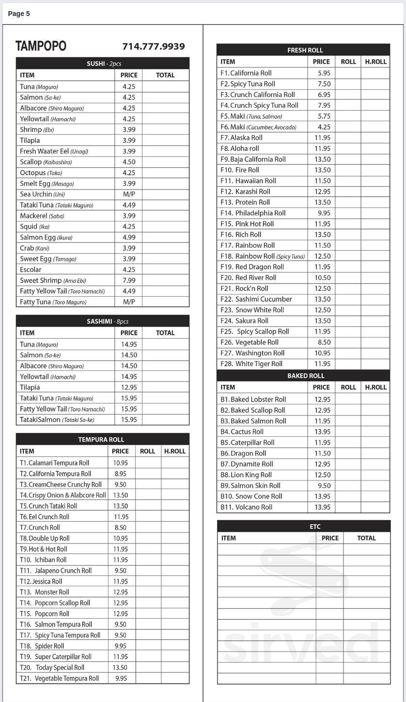 Menu Yorba Linda CA's Tampopo Sushi Sirved